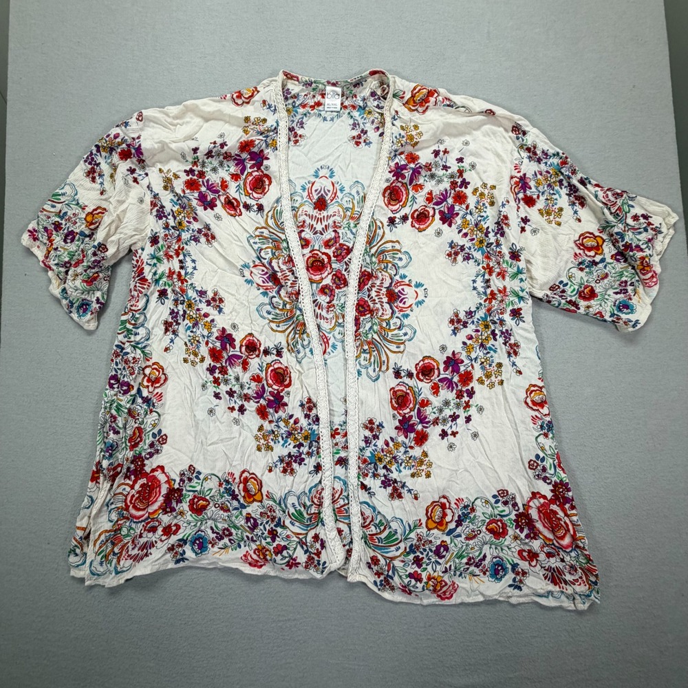 Bila‎ Womens Kimono Relaxed Ivory Floral Mandala Crochet Trim XL/XXL